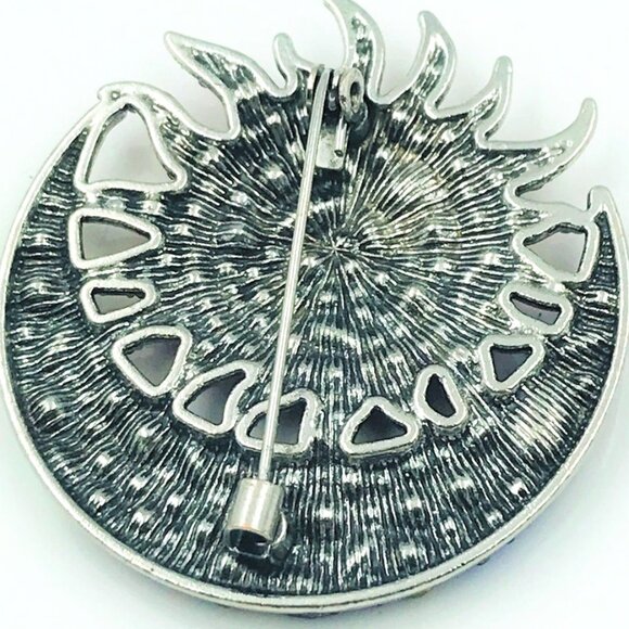 SUN MOON BRIGHT COLORS RHINESTONE BROOCH SILVERTONE METAL - Picture 2 of 3